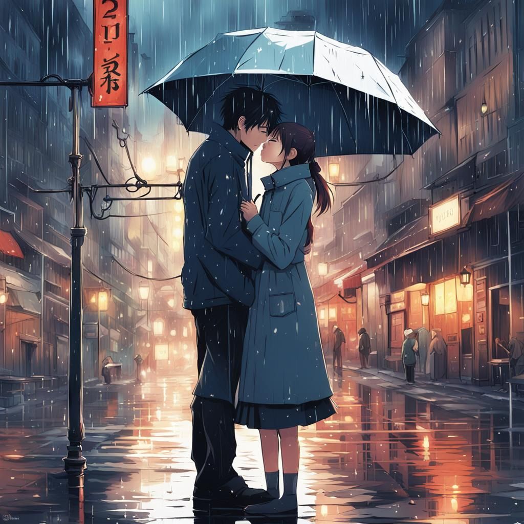 Romantic Anime Kiss in the Rain