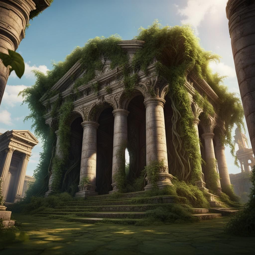 Roman Temple Overgrown with Vines: Detailed Matte Painting