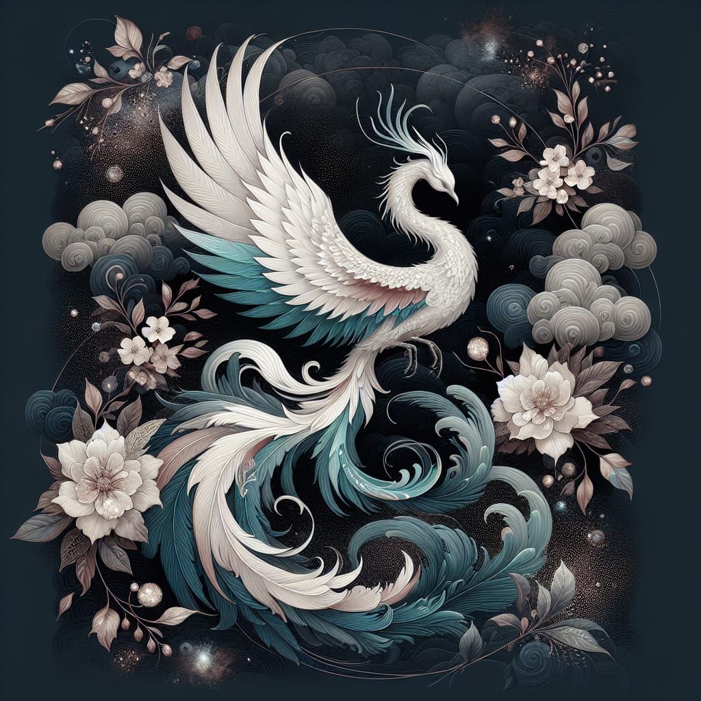 Elegant White Phoenix in Ethereal Botanical Scene