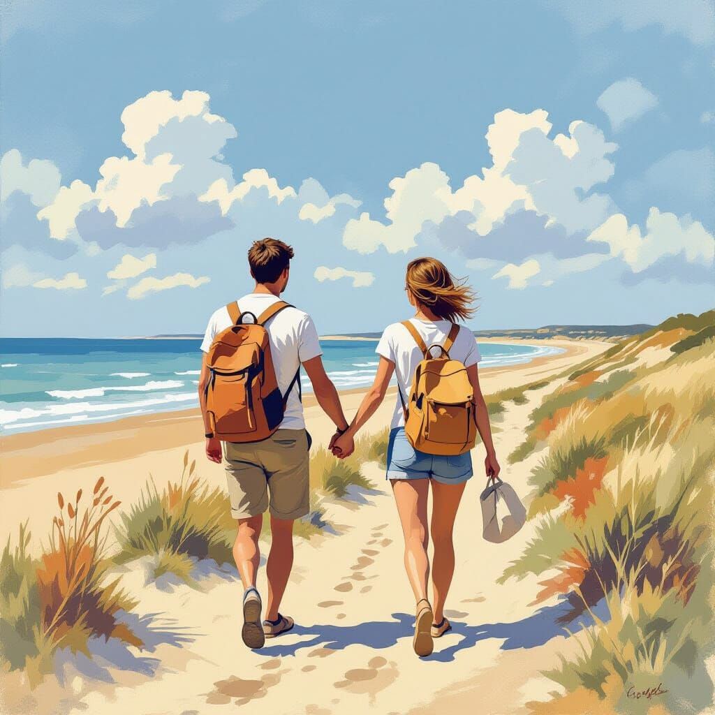Watercolor Aerial View: Couple Hiking at Low Tide