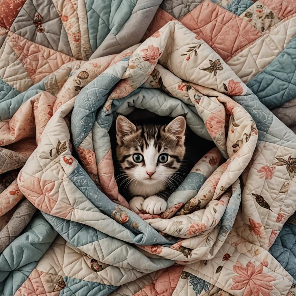 Cozy Kitten Wrapped in Colorful Quilt