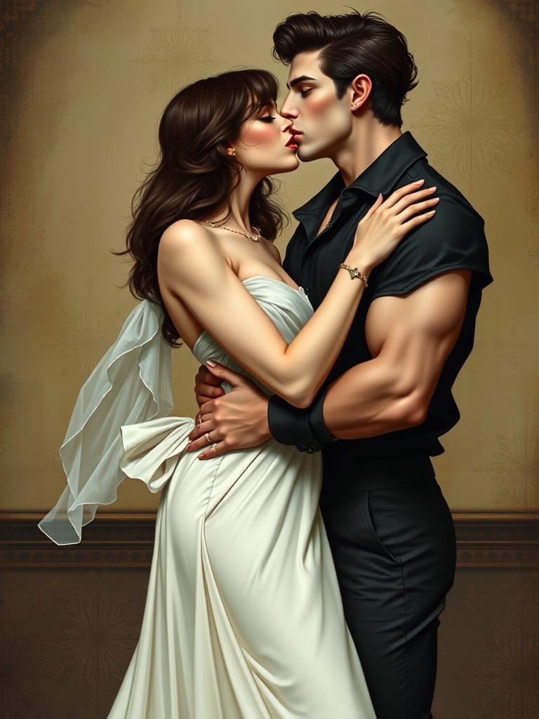 Romantic Kiss Between Incubus and Lady: Art Nouveau Style