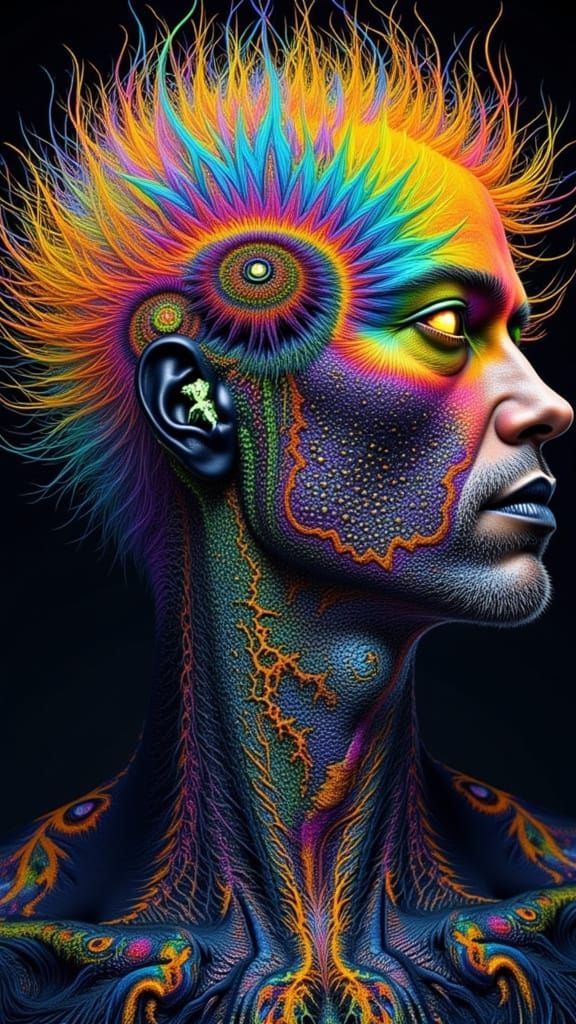 Fractal-Faced Man in Surreal Optical Illusion