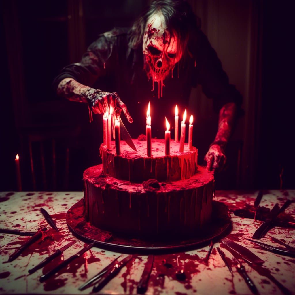 Macabre Horror Birthday Cake Sliced with Knife