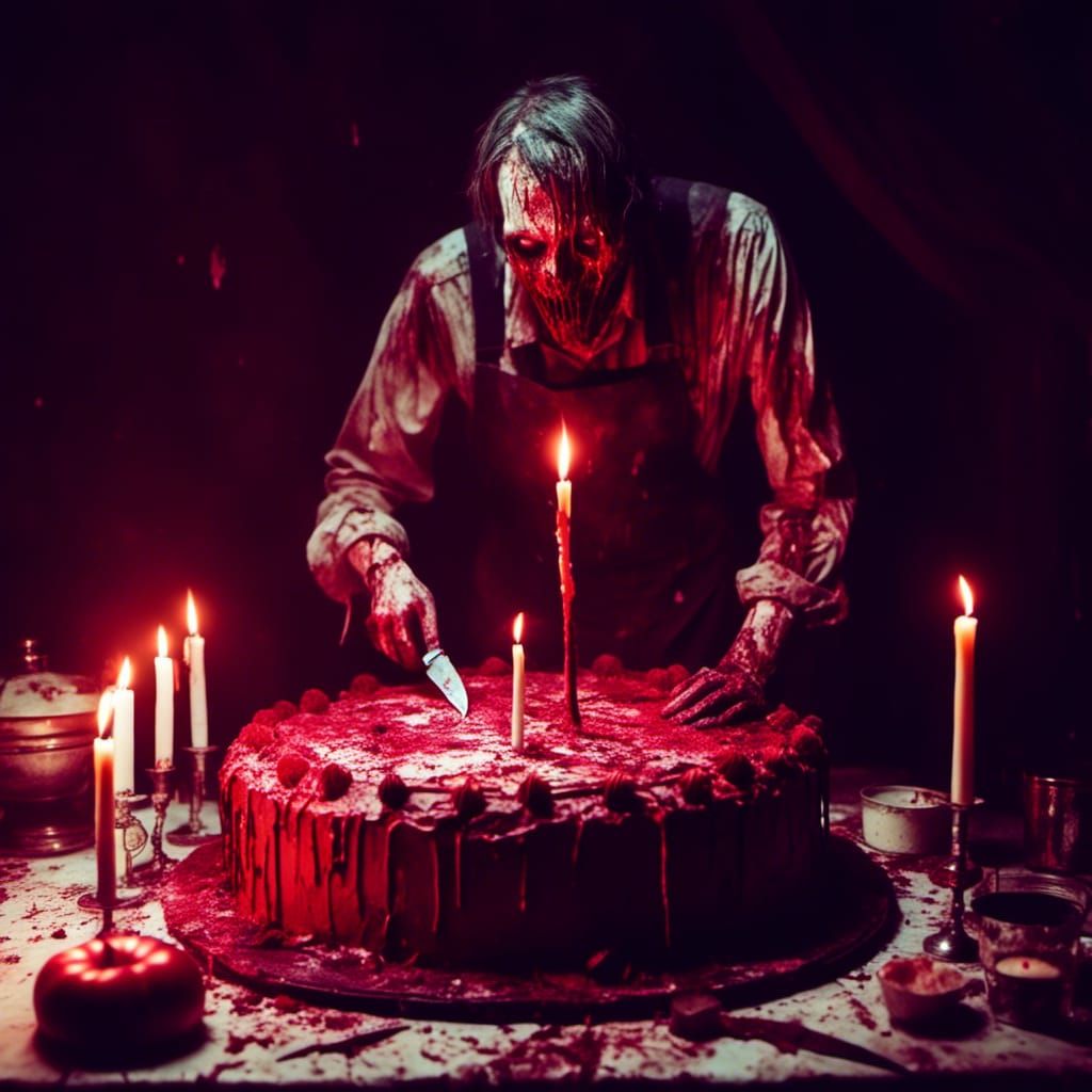 Horror Birthday Cake Cut with Kitchen Knife