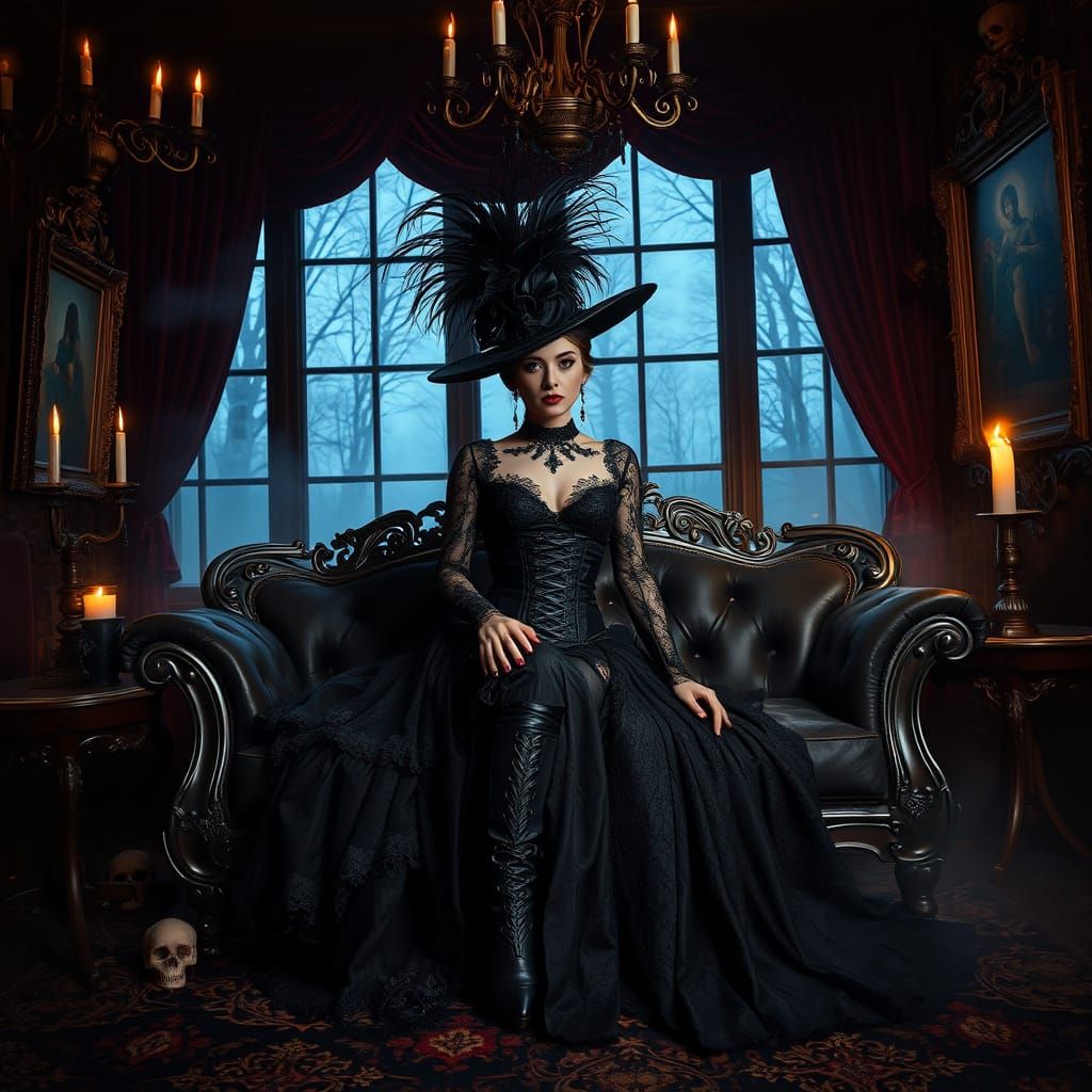 Elegant Gothic Woman in Dark Victorian Parlor
