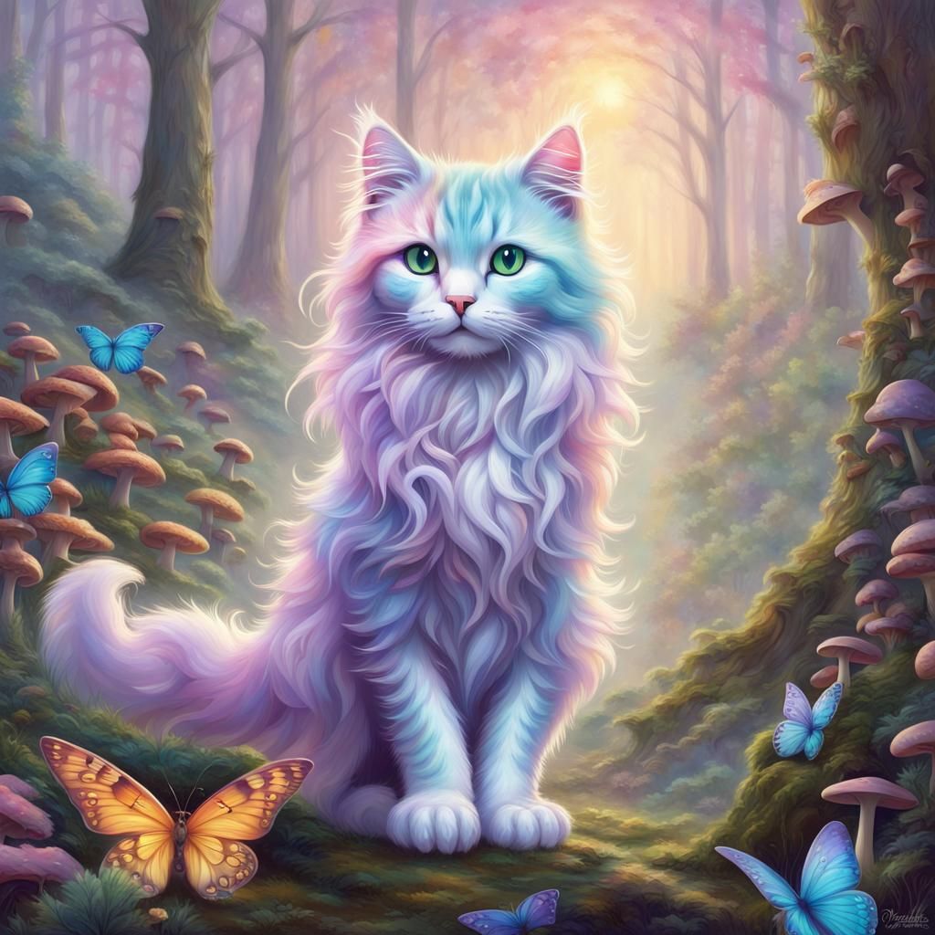 Pastel Rainbow Cat in Mystical Enchanted Forest