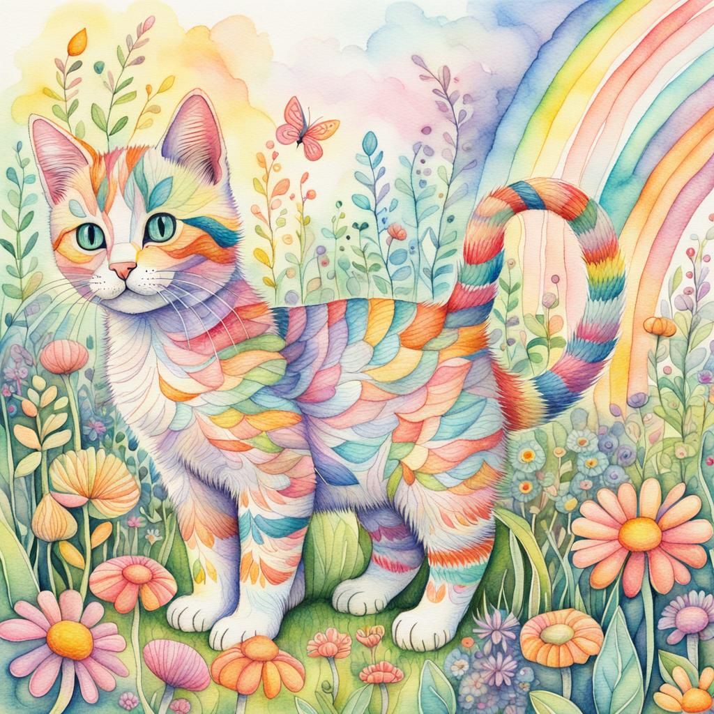 Rainbow Kitten in Pastel Garden, Zentangle Art