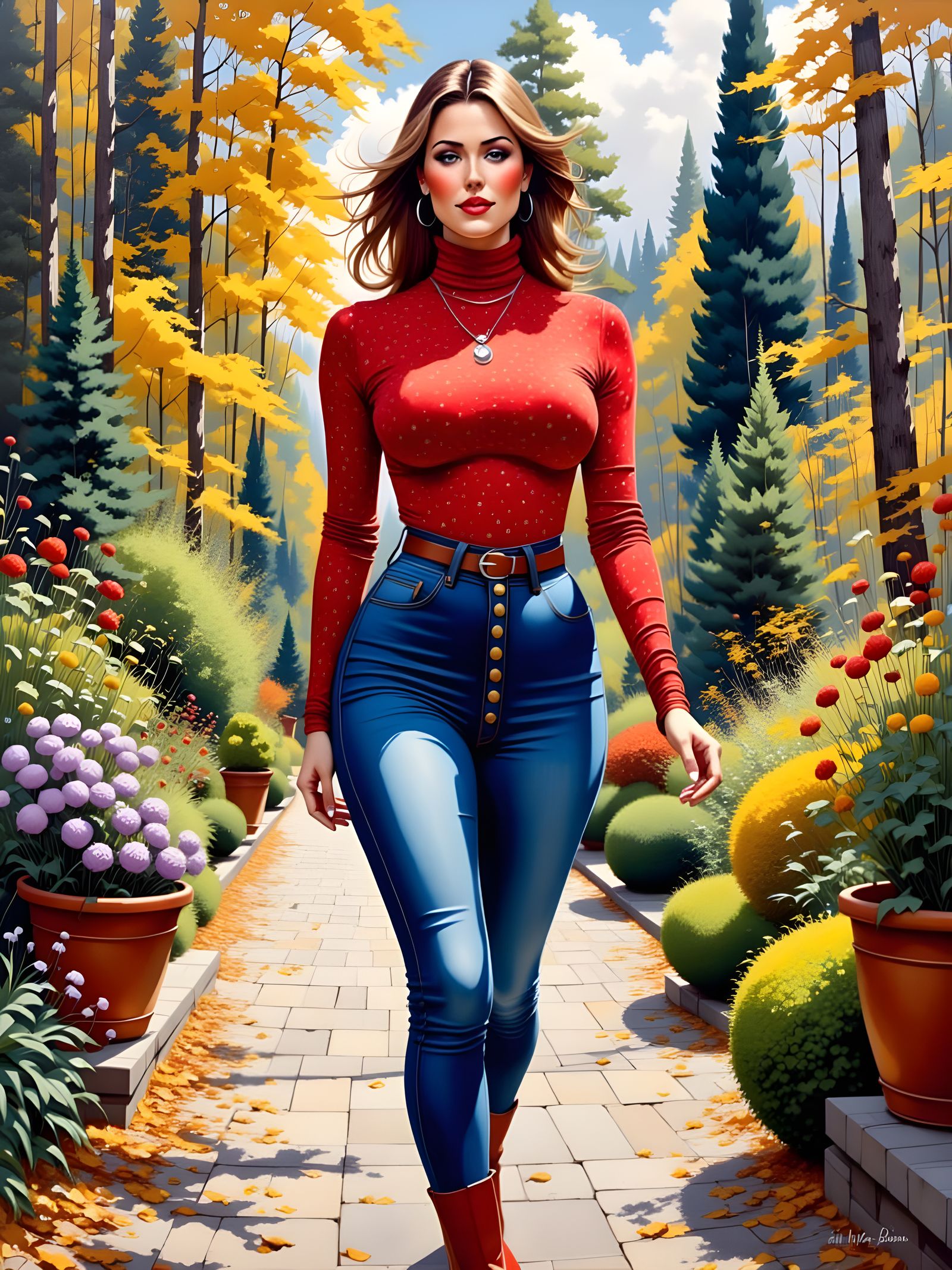 Elegant Woman in Garden, Colored Ink Oil Painting