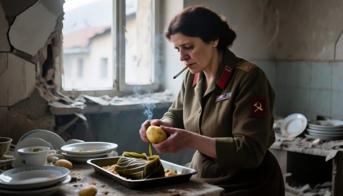 Bosnian Woman Prepares Food in Besieged Sarajevo
