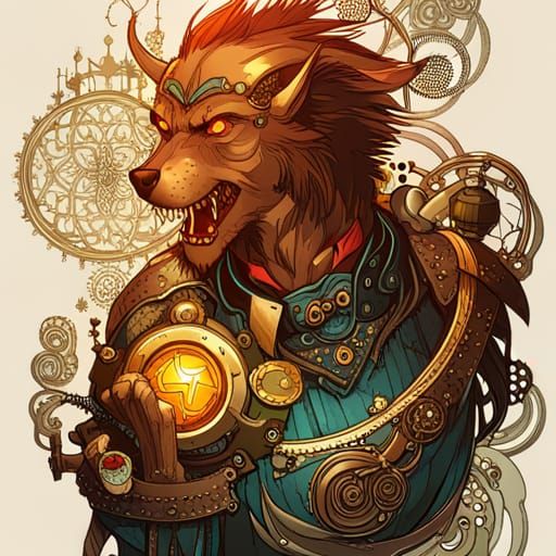 Steampunk Werewolf with Golden Outlines, Digital Art