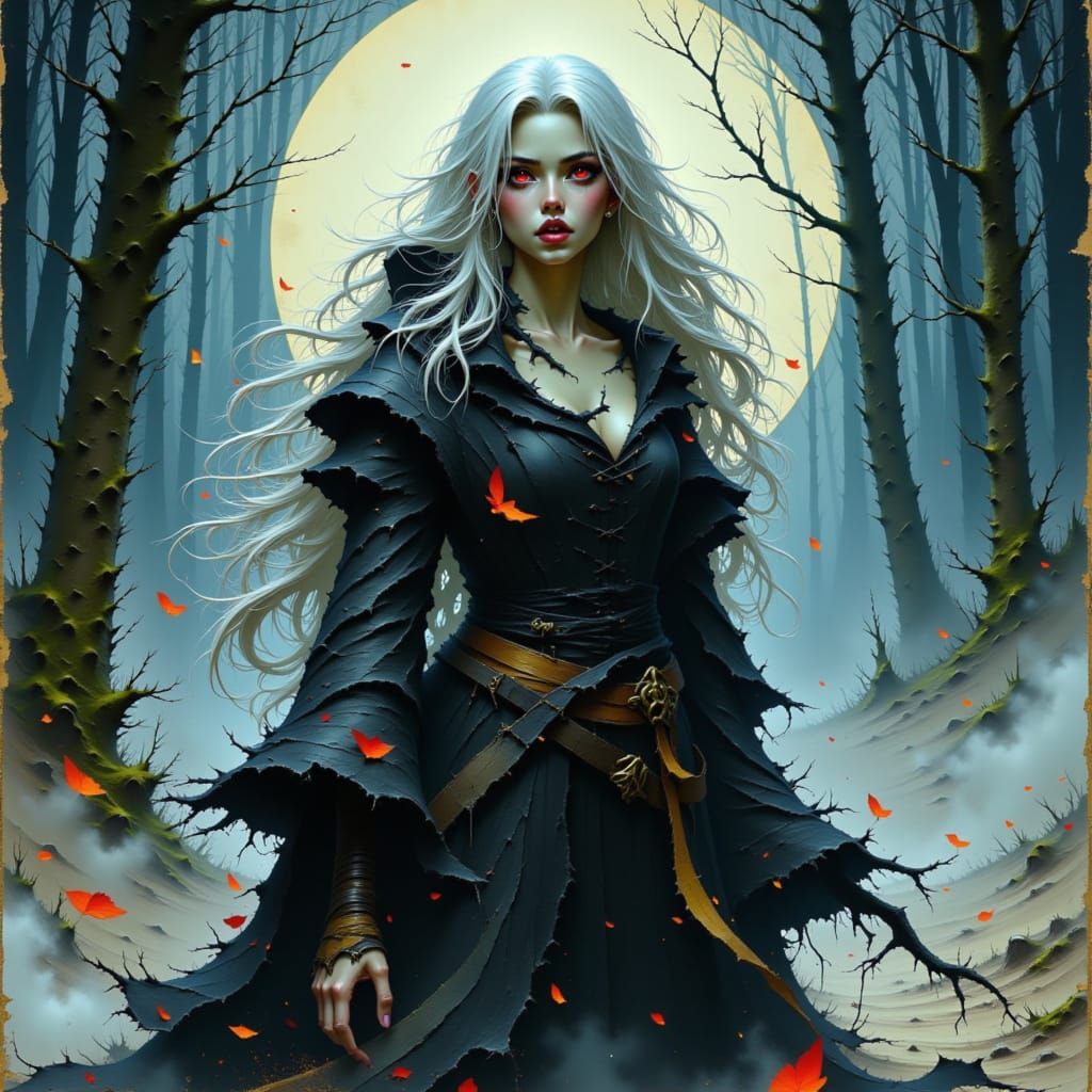 Ethereal Elf Vampiress in Forest Clearing as Ink Art