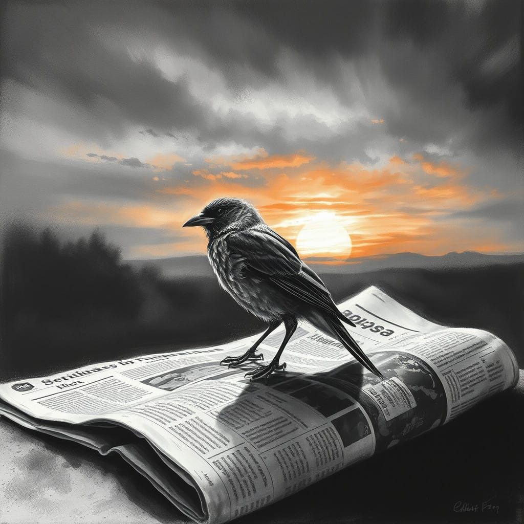 Bird on Newspaper in Sunset Light with Modern Art Inspiratio...