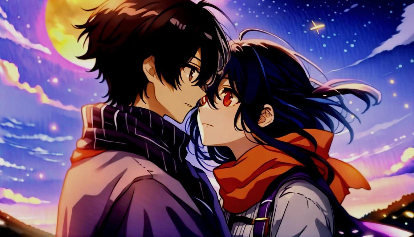 Romantic Anime Couple Under Moonlight in High Detail