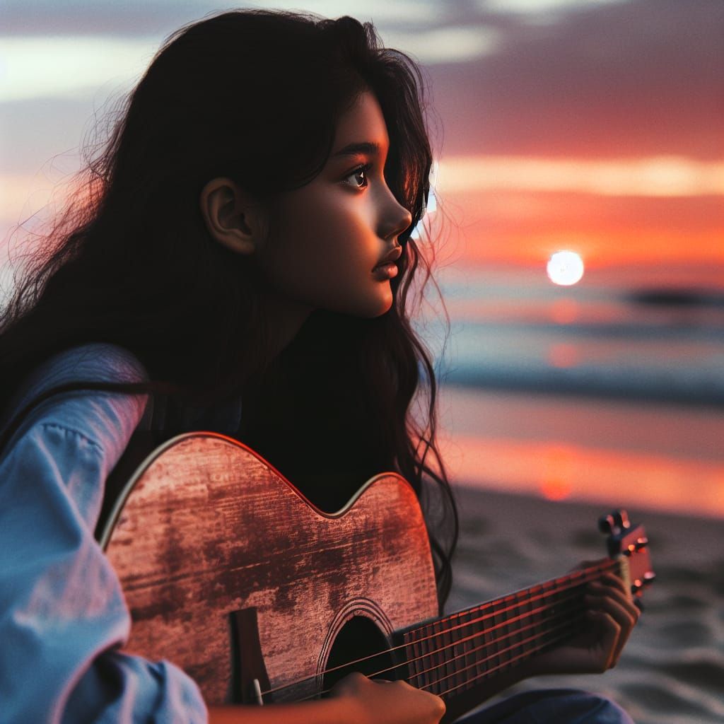 Girl Plays Guitar at Sunset on Beach