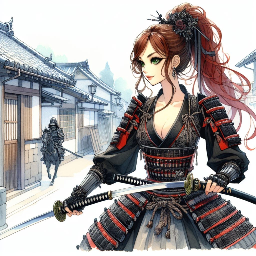 Samurai Woman Twirling Katana in Watercolor Style