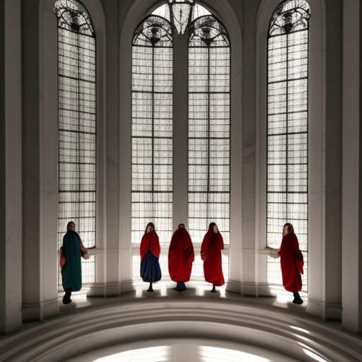 Sunlit Marble Atrium with Figures in Robes