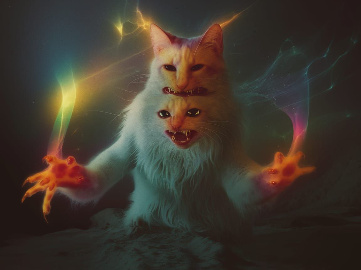 Dayglo Hologram of a Three-Mouthed Cat in Geothermal Vents