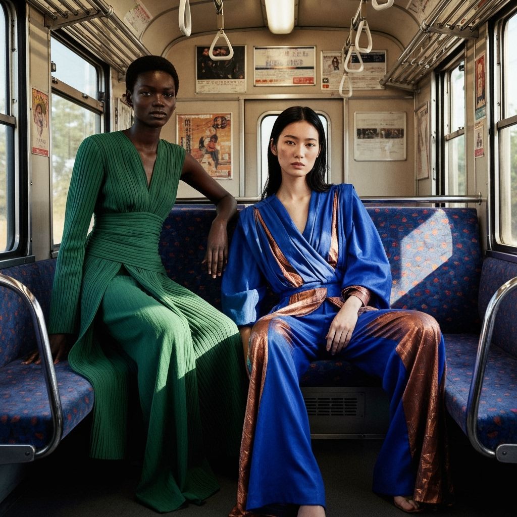 Elegant Women in Avant-Garde Fashion on a Surreal Train