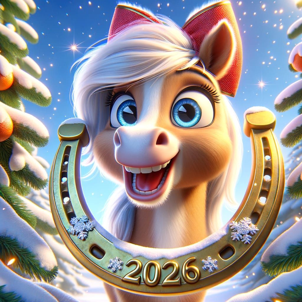 Cheerful Horse Welcomes 2026 in Snowy Wonderland