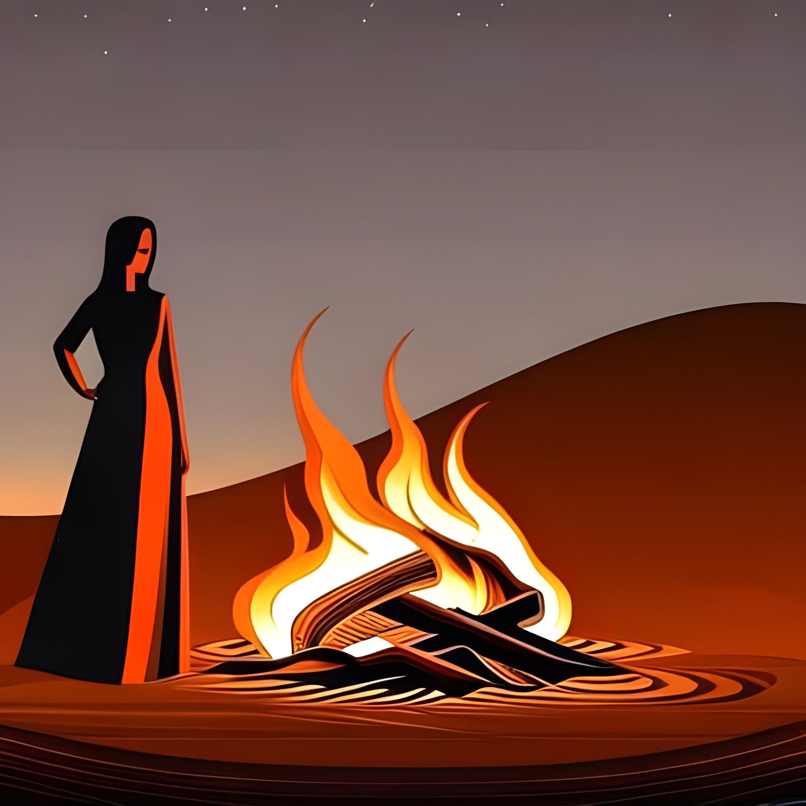 Girl by Campfire at Night with Fractal Elements