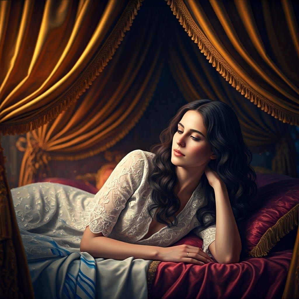 Elegant Woman in Velvet Bed, Digital Art
