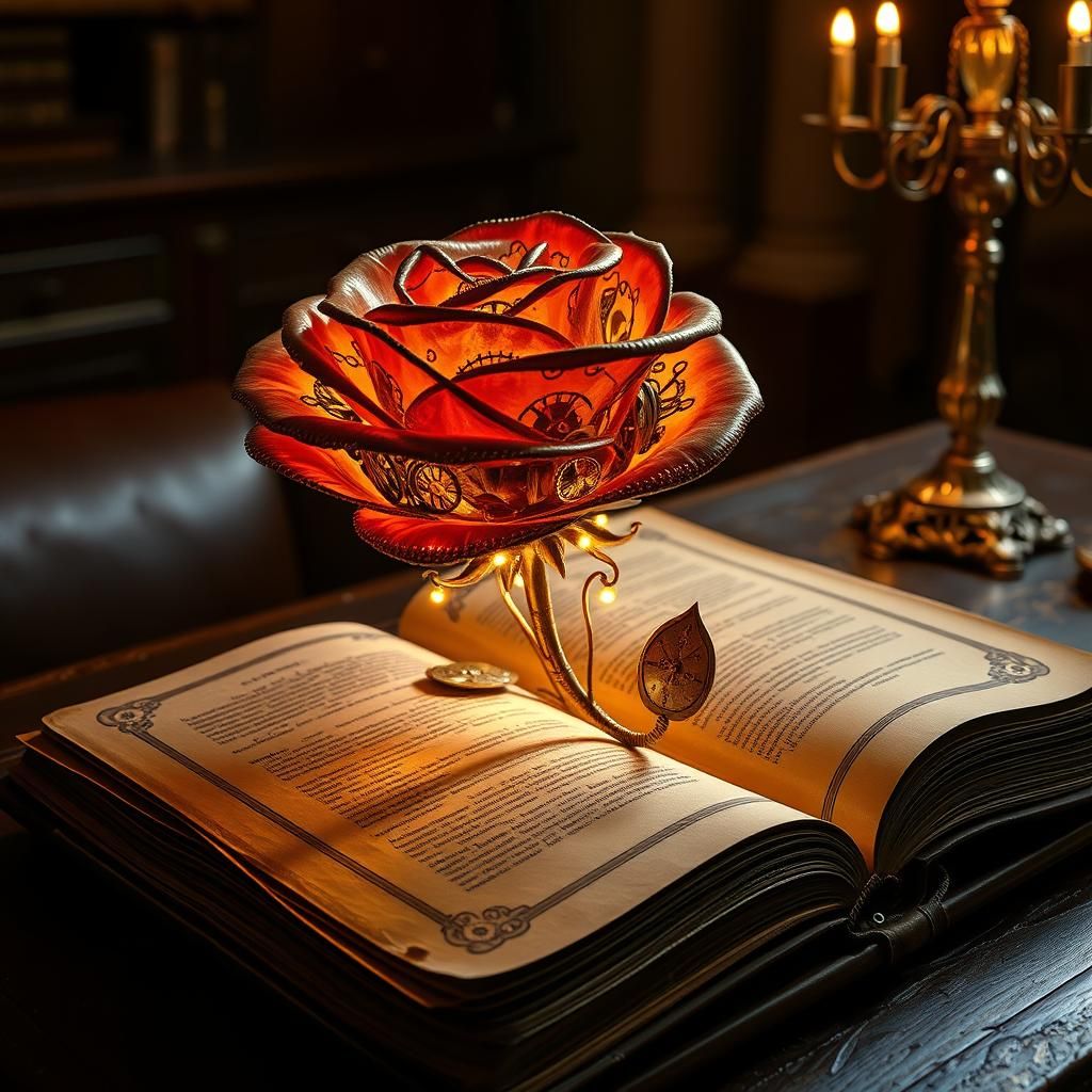 Steampunk Rose Emerges from Antique Book