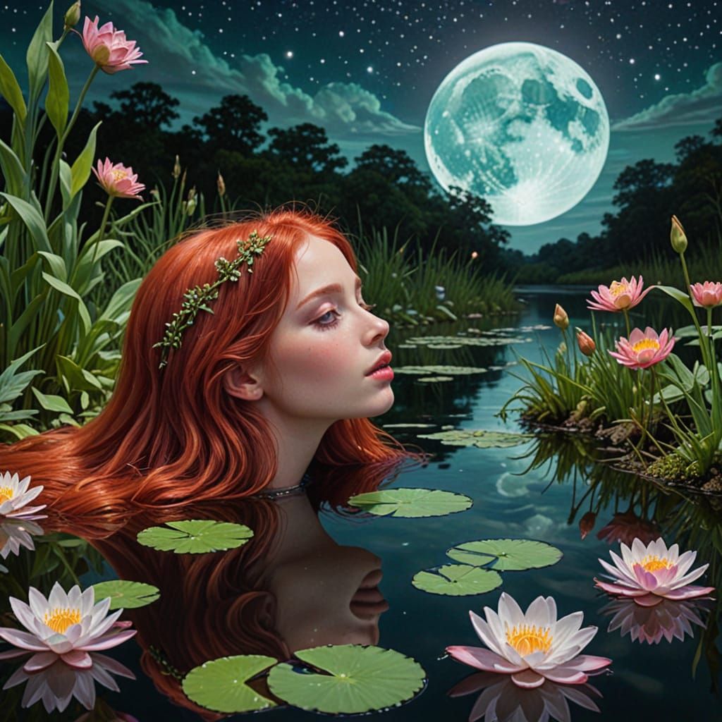Red-Haired Woman Reflecting, Surreal Bioluminescent Art