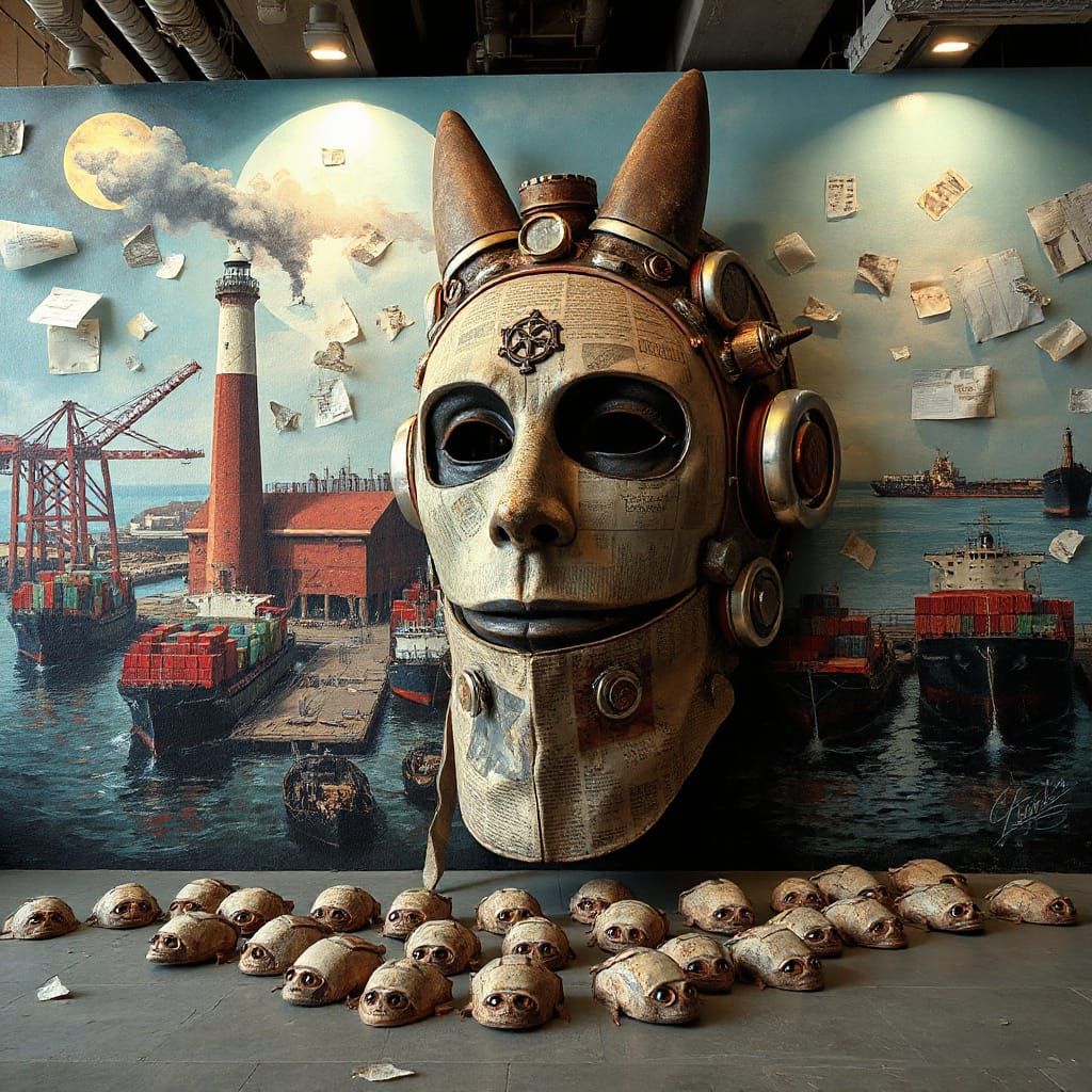 Steampunk Industrial Harbor With Lighthouse And Ships