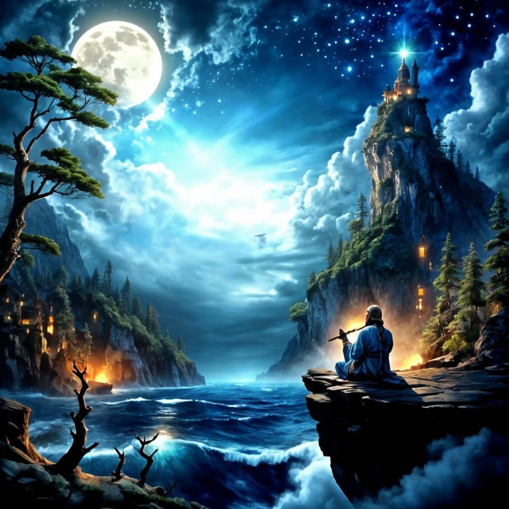 Shaman Playing Flute to Majestic Whale on Cliff