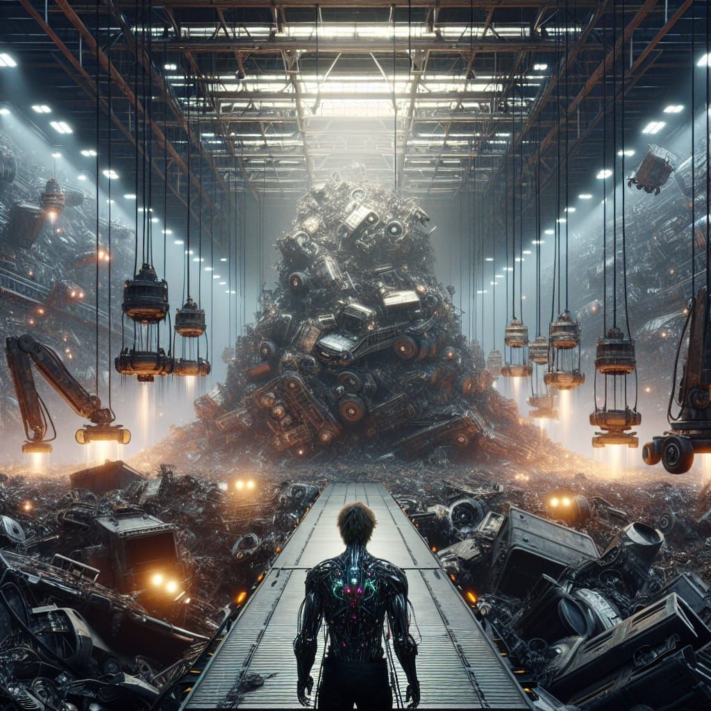 Teen Cyborg Scavenges Robot Graveyard in Sci-Fi Style