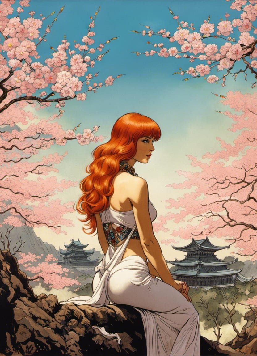 Redhead Meditating in Japanese Temple City