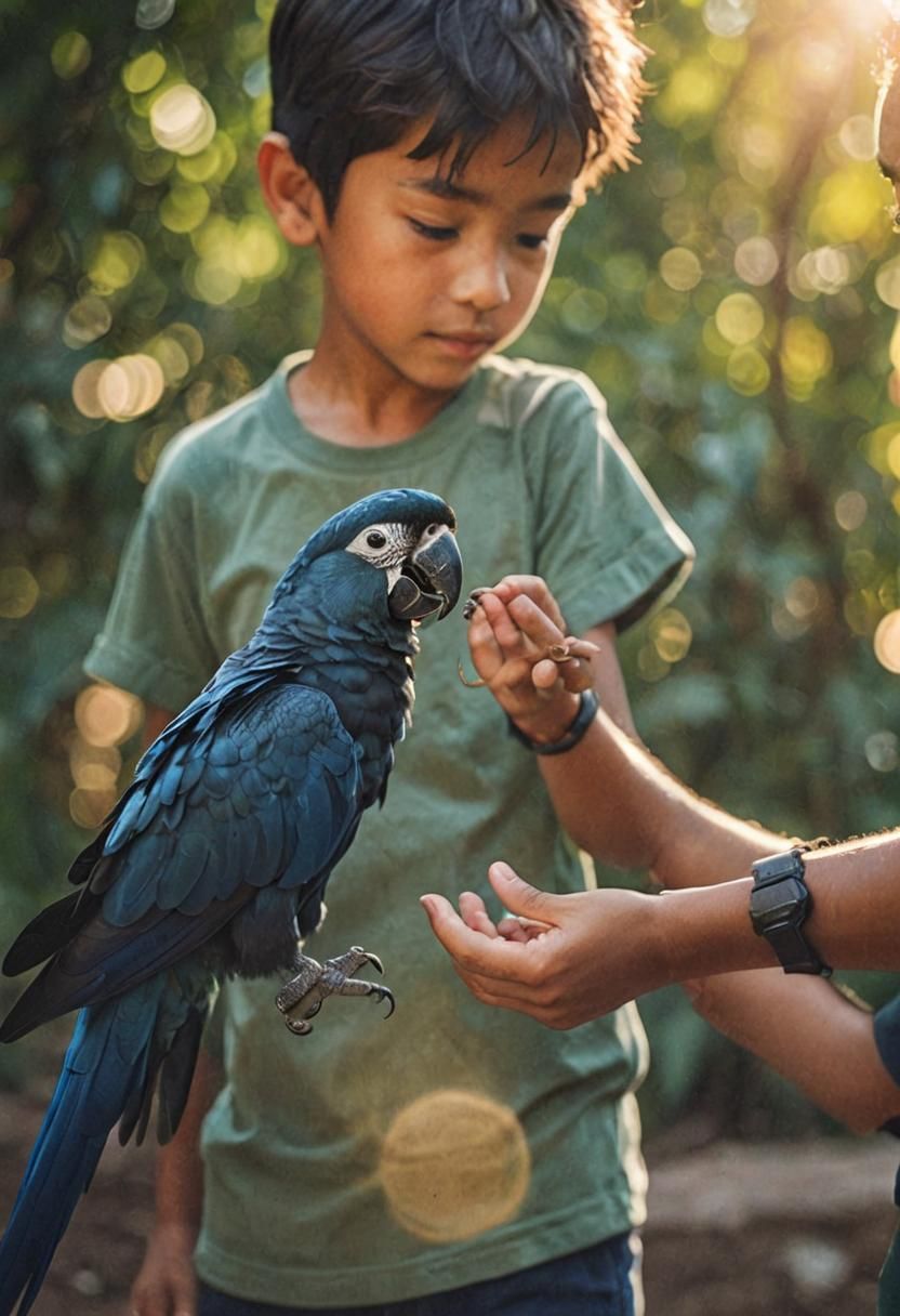 Boy and Tiny Spix's Macaw: Wildlife Photography