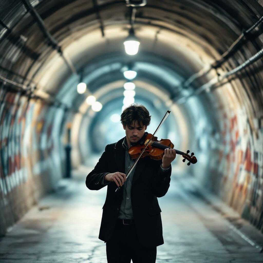 Tired Violinist in Underground Passage
