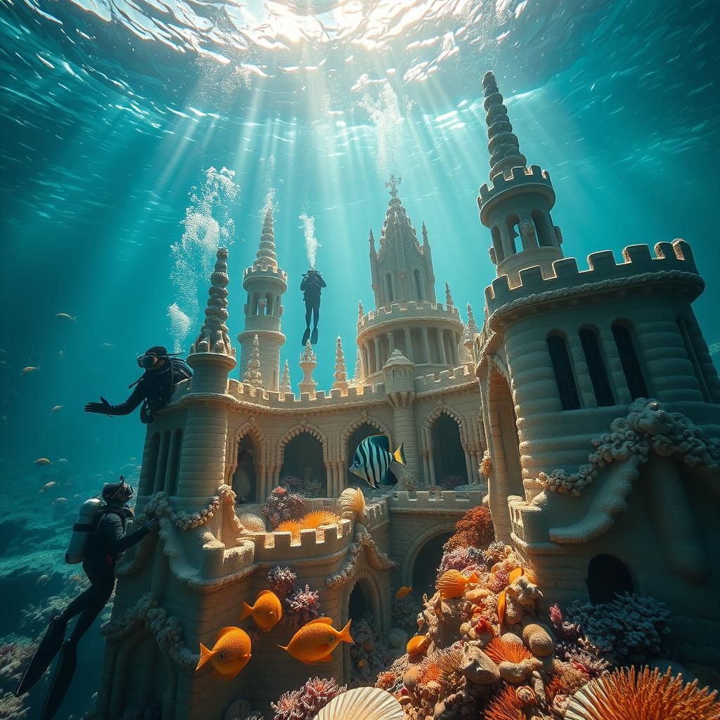 Underwater Sandcastle with Scuba Divers