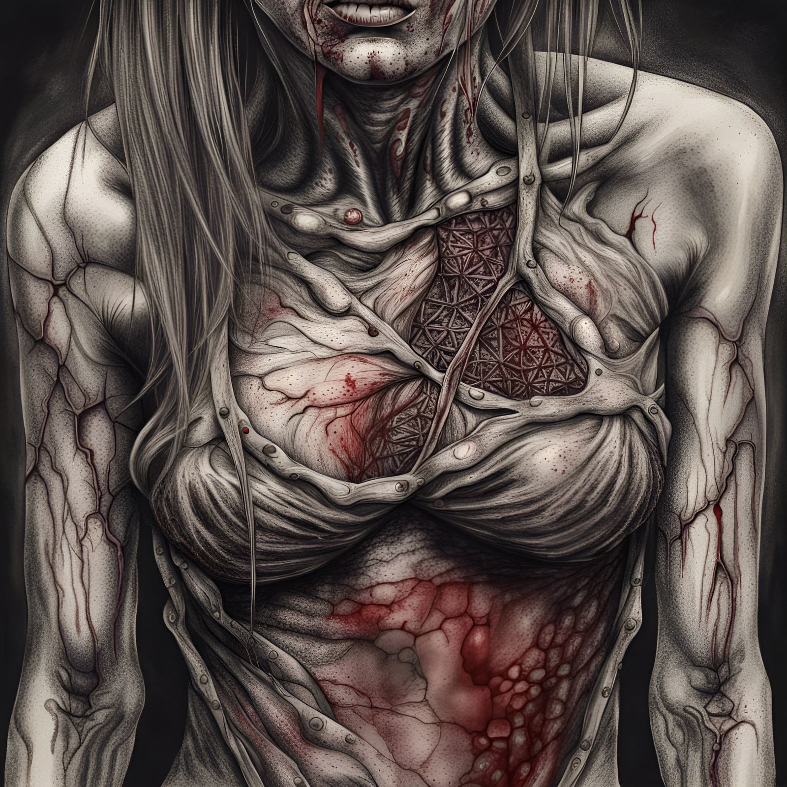 Hyperdetailed Charcoal Drawing of Zombie Female Chest