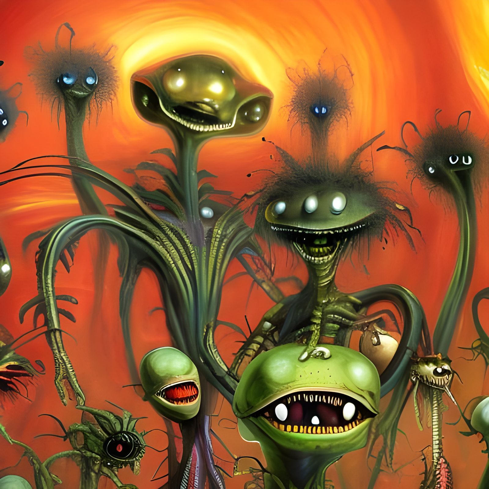 Cartoon Aliens: Surreal Biomechanical Oil Painting