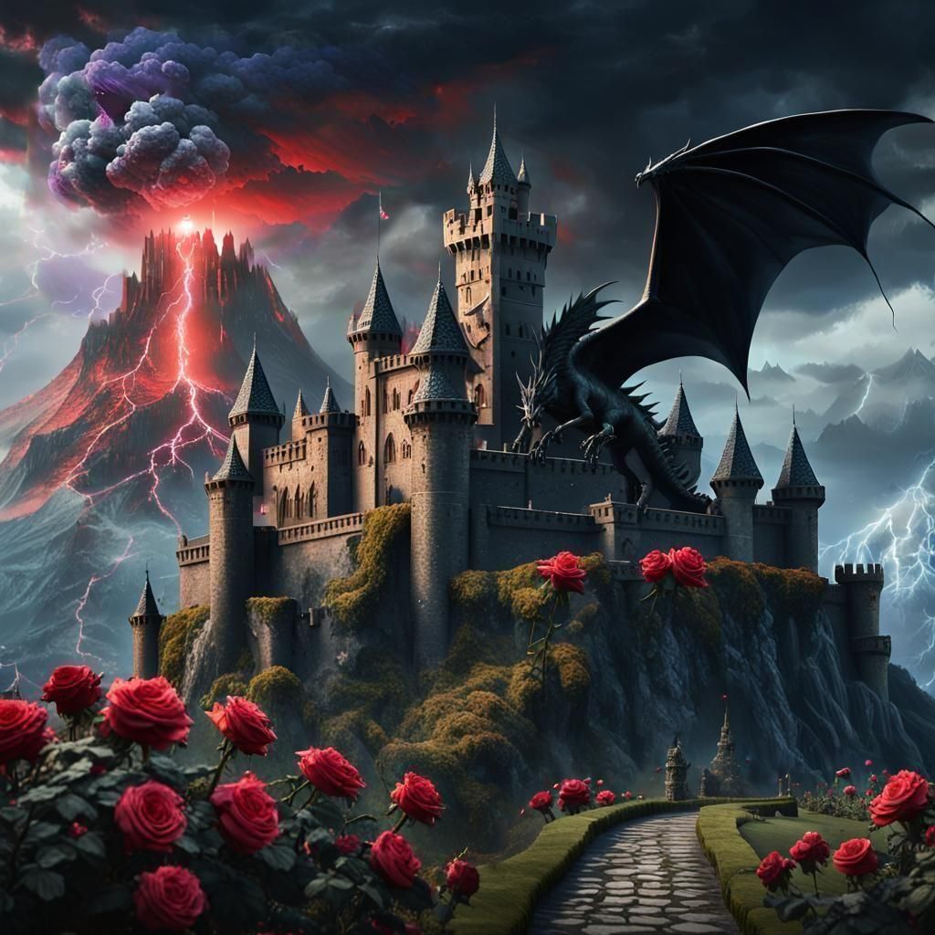 Gothic Castle and Rose Garden: Dark Fantasy Art