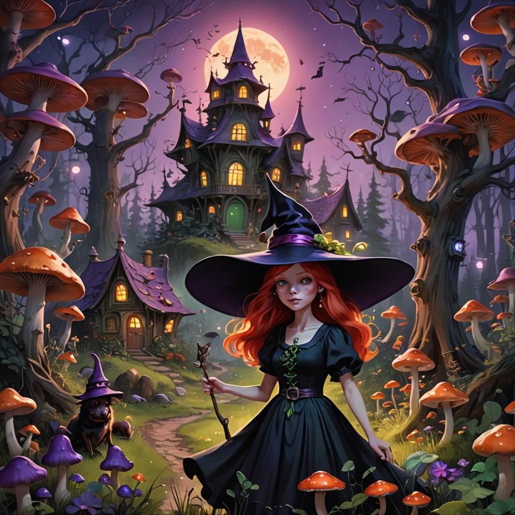Enchanting Forest Witch with Neon Mushrooms