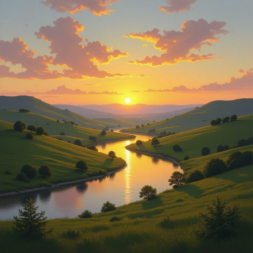 Lush River Valley at Sunset, Hudson River School Style