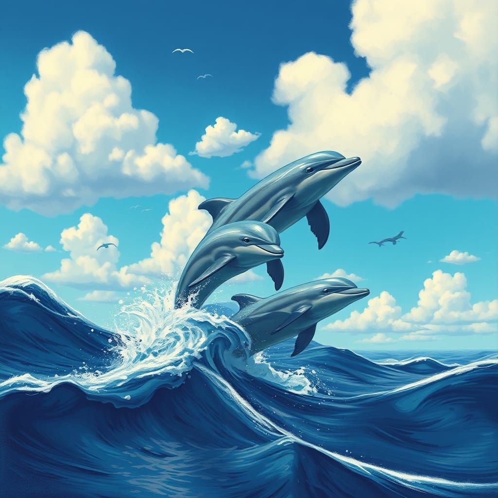 Dolphins Leaping: Dreamlike Digital Illustration