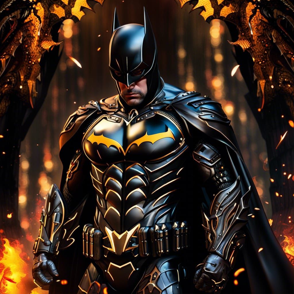 Armored Batman in Burning Forest: Photorealistic Image