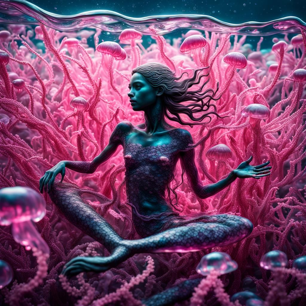 Hyperrealistic Mermaid in a Jelly Pink Sea
