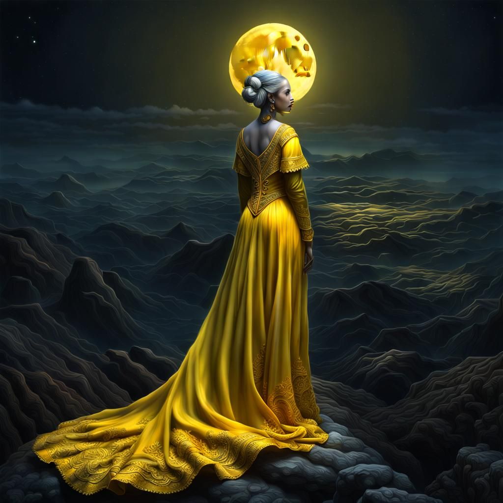 Yellow Lady at Moonrise: Hyperrealistic Cinematic Portrait
