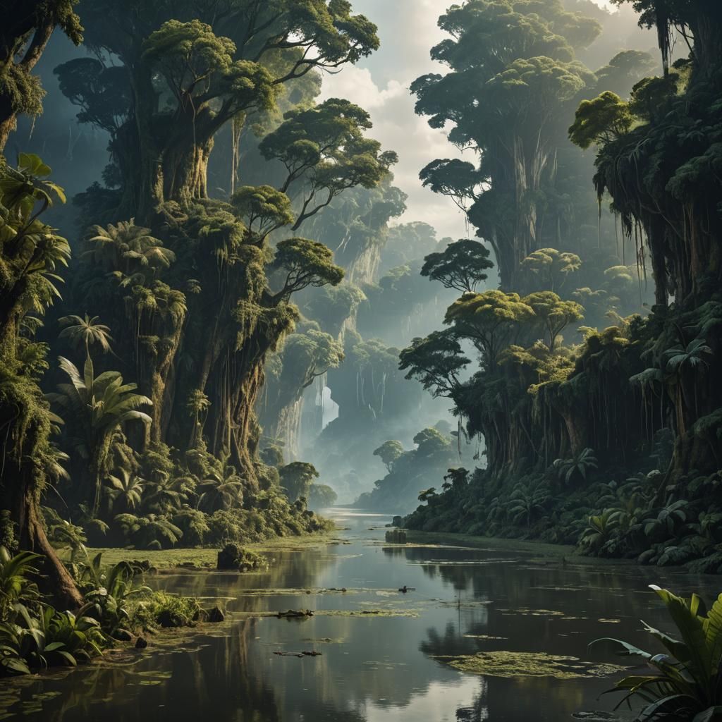 Amazonian River with Manatee: Digital Matte Painting