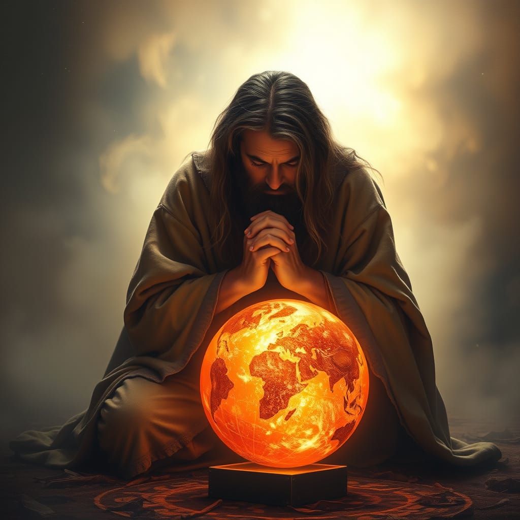 Man Praying Over Glowing Orb: Digital Art