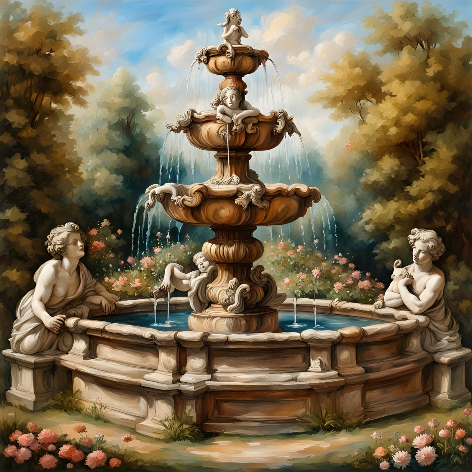 Antique Sculpture Fountain in Flower Garden: Fine Line Art