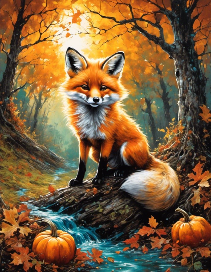 Fox Family in Autumn Forest Graffiti Art
