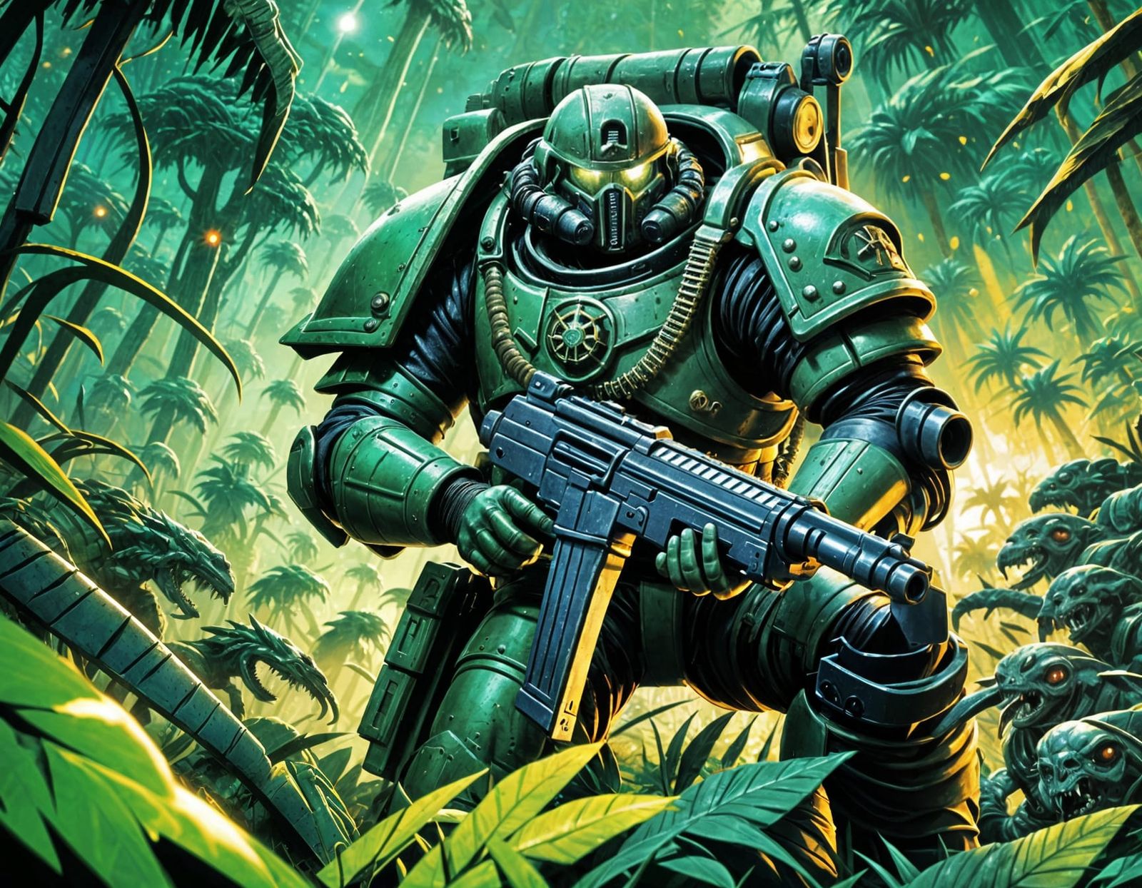 Space Marine Sniper on Jungle Planet in Cel-Shaded Style