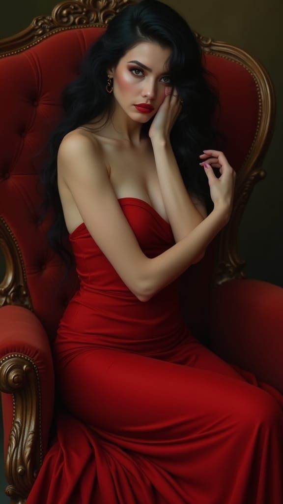 Elegant Woman in Deep Red Gown Sits in Plush Chair
